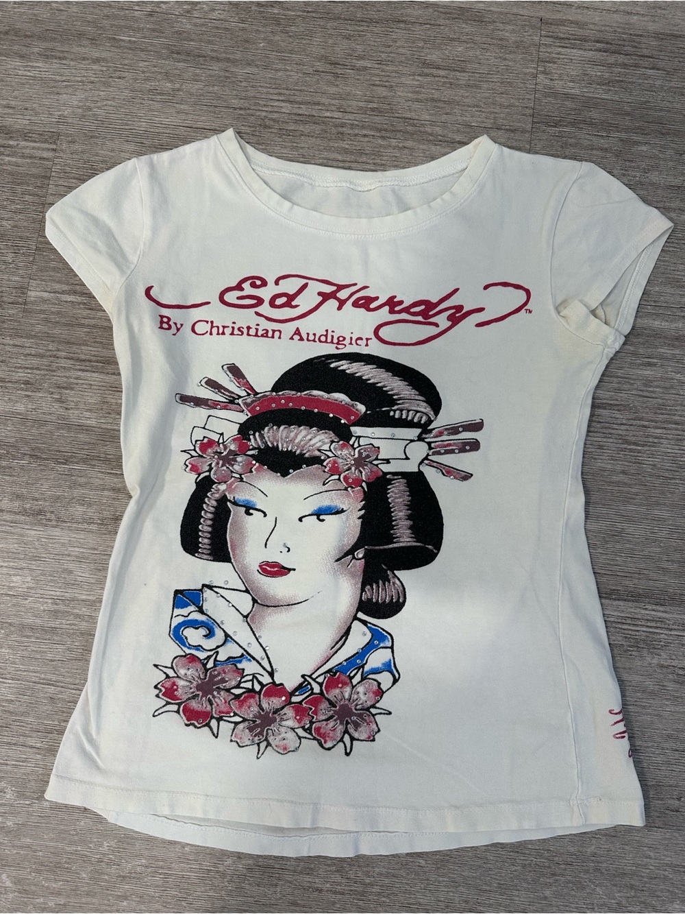 Ed Hardy by Christian Audigier Geisha Skull Graphic Baby Tee Small Y2K